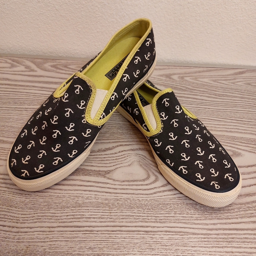 Sperry Top Sider Navy Blue/Lime Anchor Slip On Shoes Size 7.5